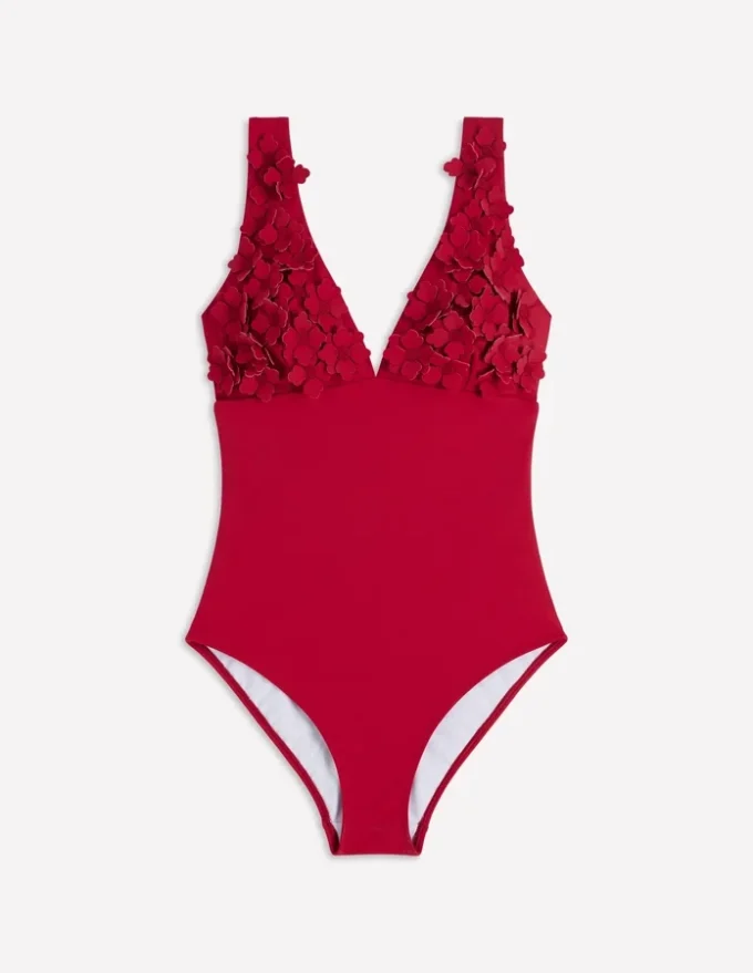 Flower Appliqué Swimsuit Merida Red, Applique