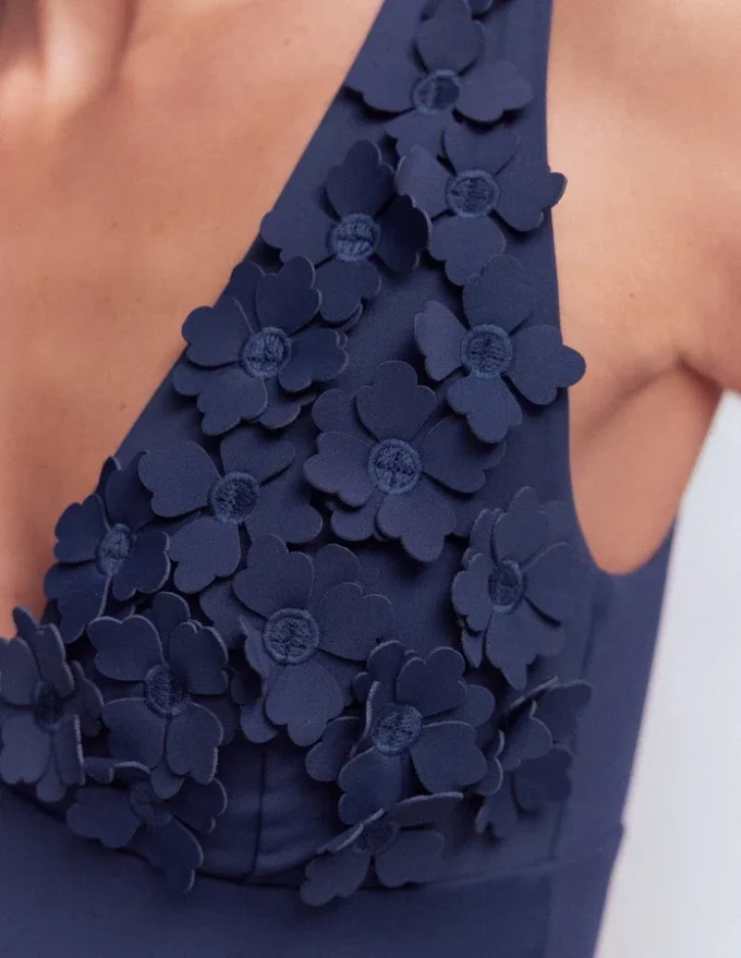 Flower Appliqué Swimsuit Navy, Applique