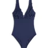Flower Appliqué Swimsuit Navy, Applique