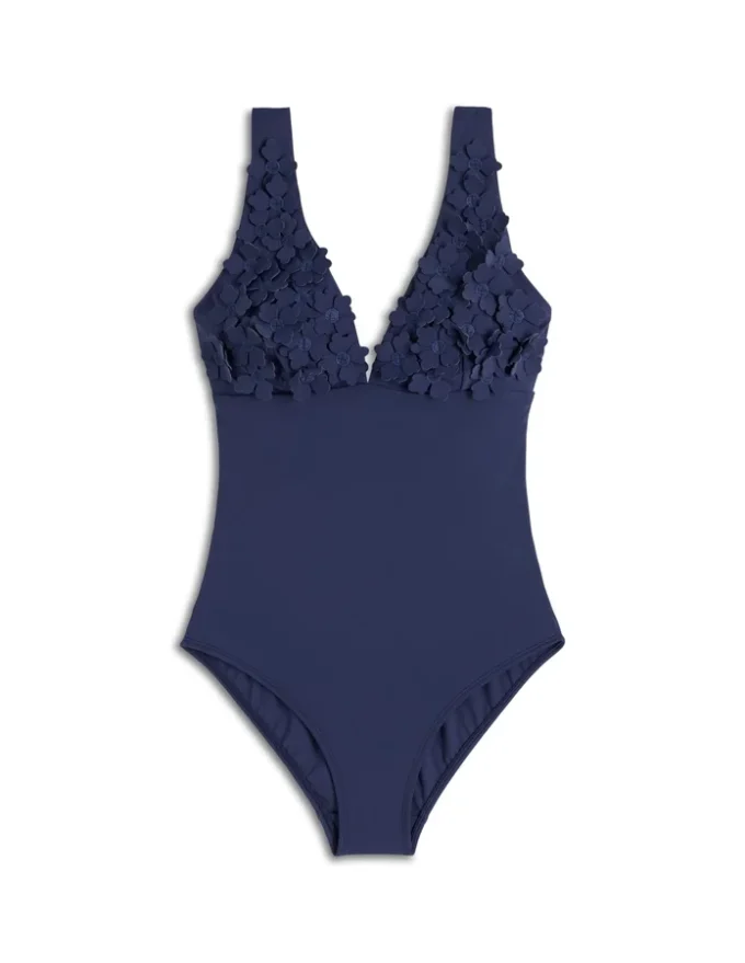 Flower Appliqué Swimsuit Navy, Applique