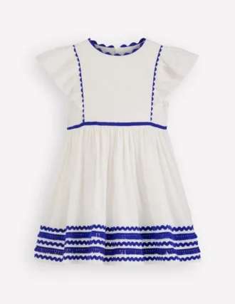 Flutter Sleeve Ric Rac Dress Soft Ivory/ Bright Blue