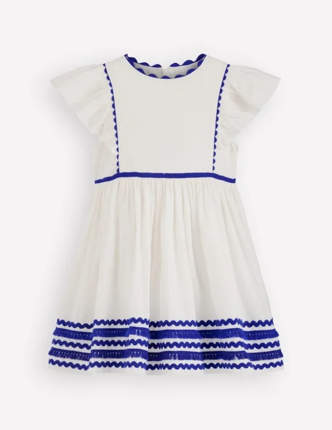 Flutter Sleeve Ric Rac Dress Soft Ivory/ Bright Blue Flutter Sleeve Ric Rac Dress Soft Ivory/ Bright Blue