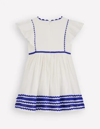 Flutter Sleeve Ric Rac Dress Soft Ivory/ Bright Blue