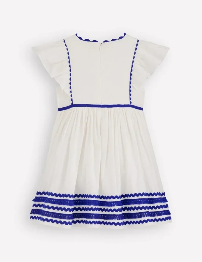 Flutter Sleeve Ric Rac Dress Soft Ivory/ Bright Blue Flutter Sleeve Ric Rac Dress Soft Ivory/ Bright Blue