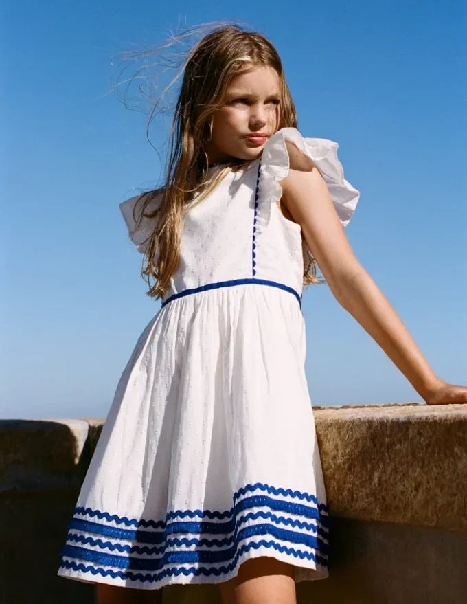 Flutter Sleeve Ric Rac Dress Soft Ivory/ Bright Blue Flutter Sleeve Ric Rac Dress Soft Ivory/ Bright Blue