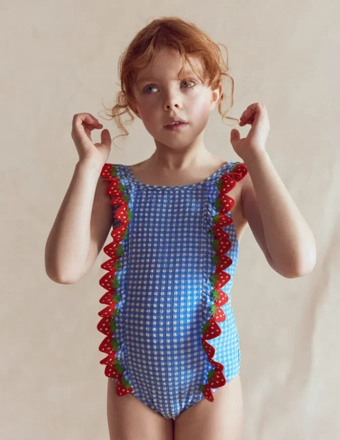 Flutter Trim Swimsuit Glacier Blue Gingham Flutter Trim Swimsuit Glacier Blue Gingham