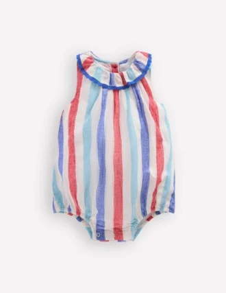 Frill Neck Bubble Romper Red and Blue Multi Stripe