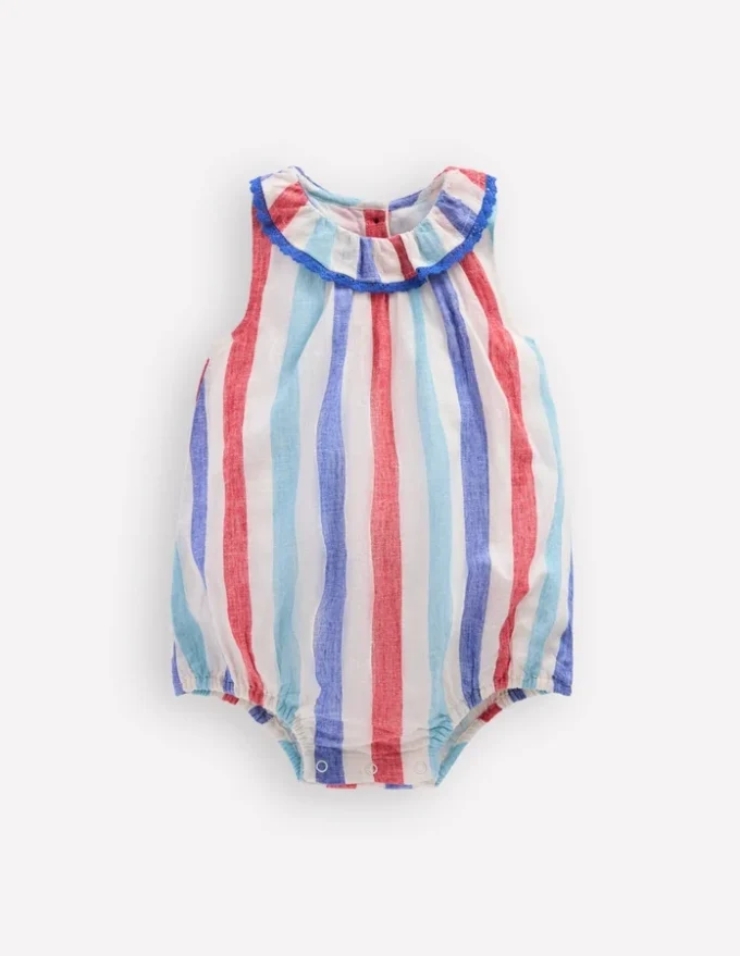 Frill Neck Bubble Romper Red and Blue Multi Stripe Frill Neck Bubble Romper Red and Blue Multi Stripe