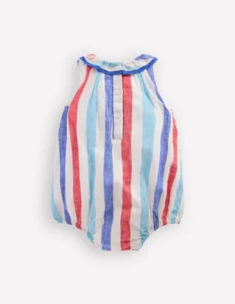 Frill Neck Bubble Romper Red and Blue Multi Stripe