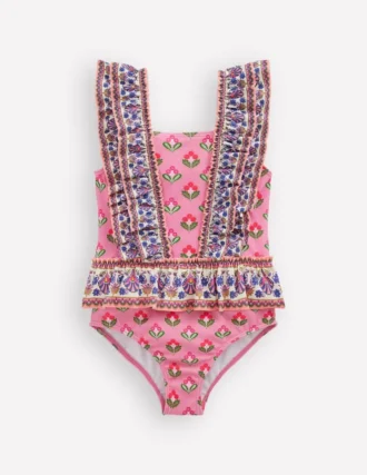 Frill Peplum Swimsuit Pink Multi Woodblock