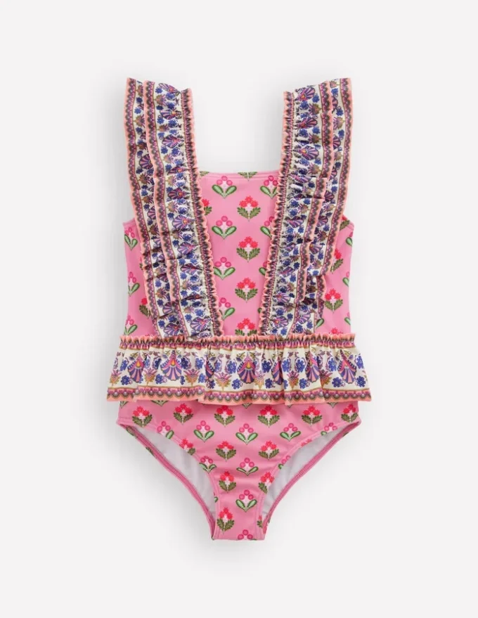 Frill Peplum Swimsuit Pink Multi Woodblock Frill Peplum Swimsuit Pink Multi Woodblock