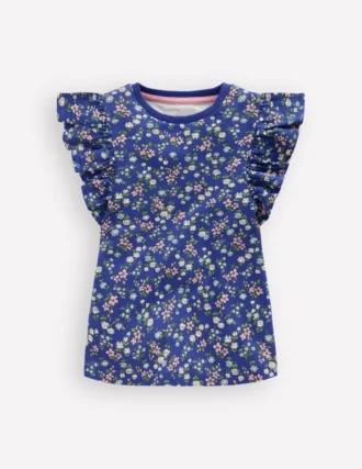 Frill Sleeve Printed Top Blue Ditsy Floral