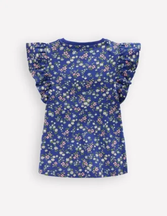 Frill Sleeve Printed Top Blue Ditsy Floral