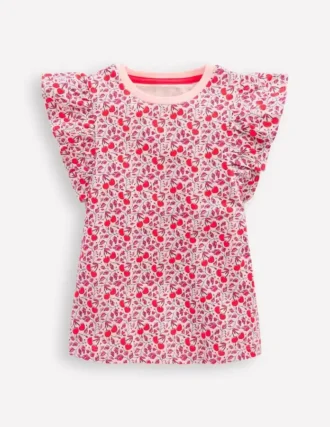Frill Sleeve Printed Top Pink Cherries