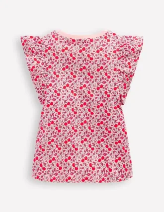Frill Sleeve Printed Top Pink Cherries