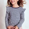 Frill Sleeve Slub Top Soft Ivory/College Navy