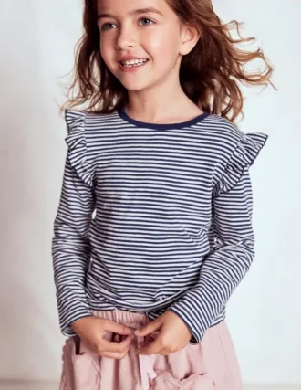 Frill Sleeve Slub Top Soft Ivory/College Navy