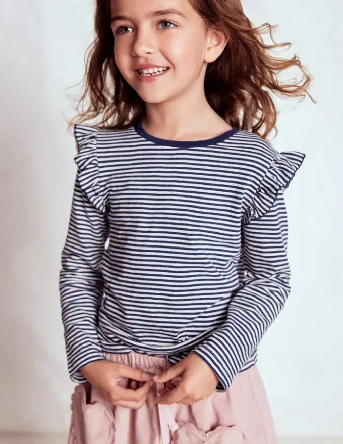 Frill Sleeve Slub Top Soft Ivory/College Navy