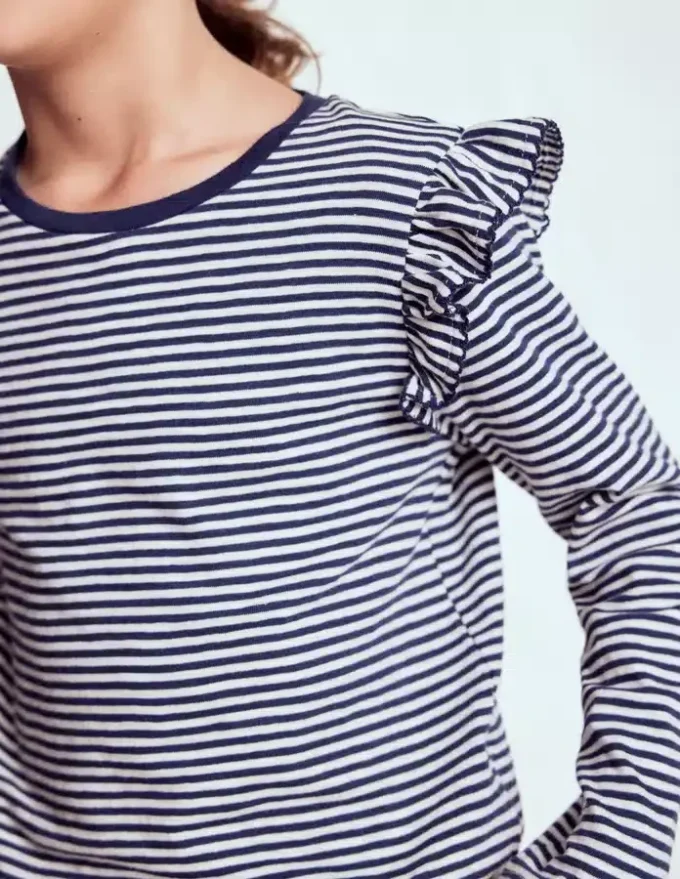 Frill Sleeve Slub Top Soft Ivory/College Navy