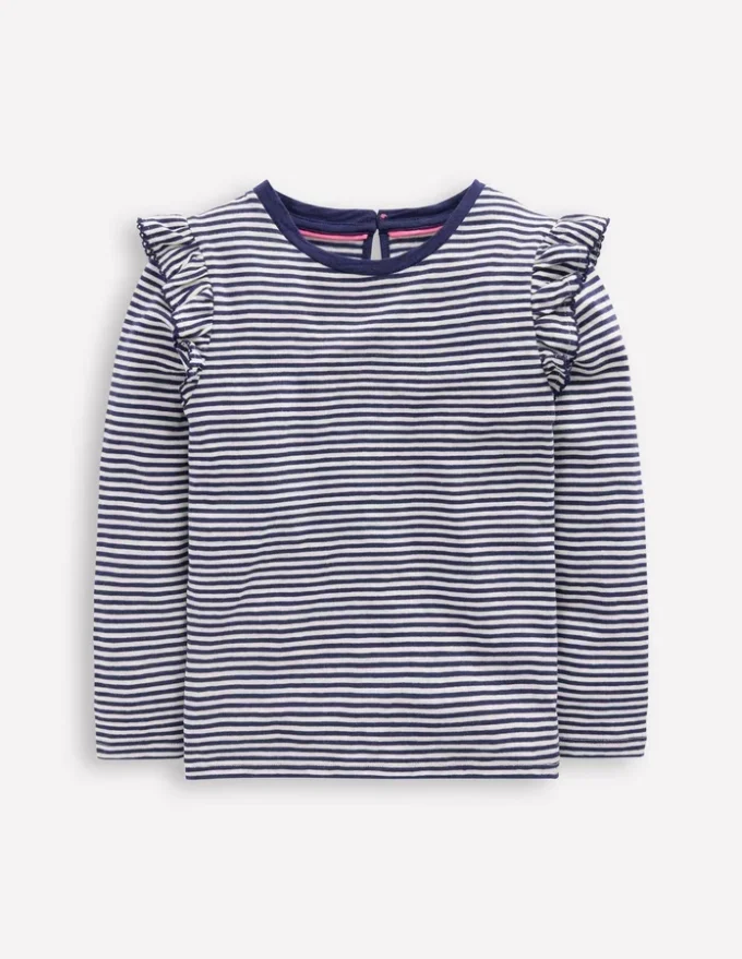Frill Sleeve Slub Top Soft Ivory/College Navy