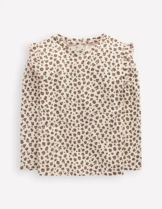 Frill Sleeve Slub Top Vanilla White Leopard