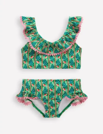 Frill V-neck Bikini Set Bright green Floral Vine