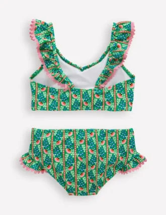 Frill V-neck Bikini Set Bright green Floral Vine
