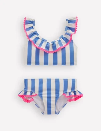 Frill V-neck Bikini Set Denim Blue Stripe