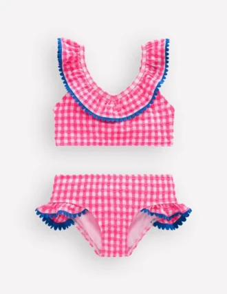 Frill V-neck Bikini Set Neon Pink Gingham