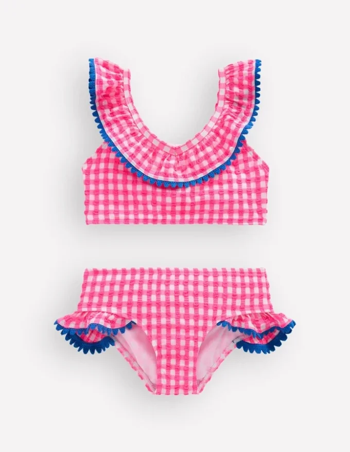 Frill V-neck Bikini Set Neon Pink Gingham Frill V-neck Bikini Set Neon Pink Gingham
