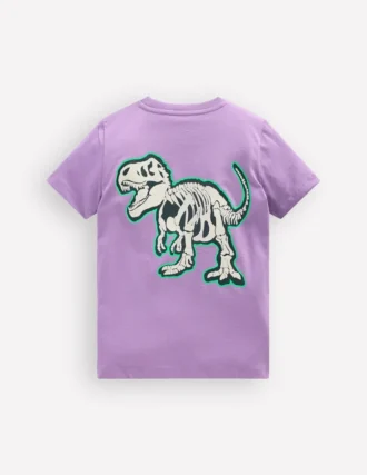 Front and Back Glow T-shirt Aster Purple, Dino Skeleton