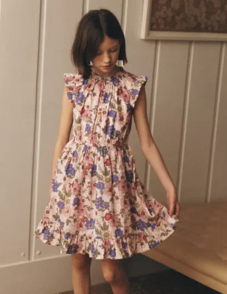Gathered Woven Dress Blooming Pink Floral Bloom