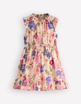 Gathered Woven Dress Blooming Pink Floral Bloom