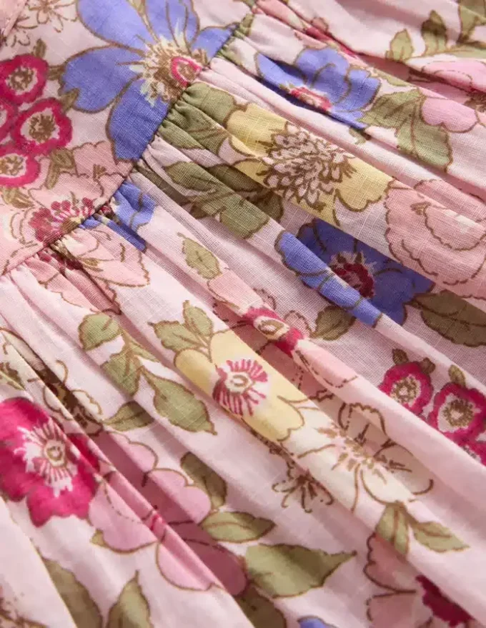 Gathered Woven Dress Mid Pink Floral Gathered Woven Dress Mid Pink Floral