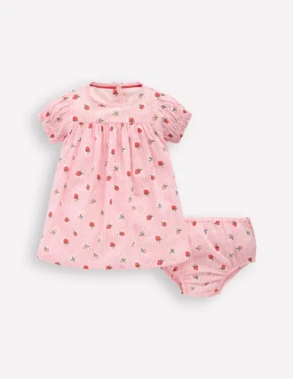 Gathered Woven Dress Pink Strawberry Stripe