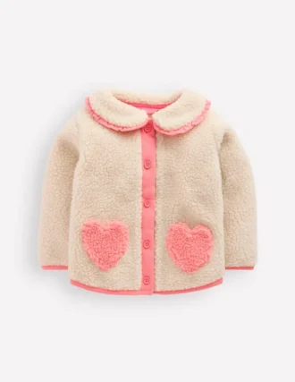 Girls Borg Collared Jacket Neutral/Pink Heart Girls Borg Collared Jacket Neutral/Pink Heart