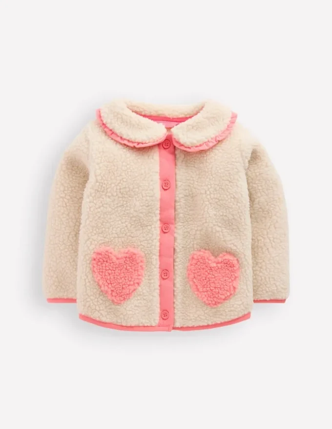 Girls Borg Collared Jacket Neutral/Pink Heart