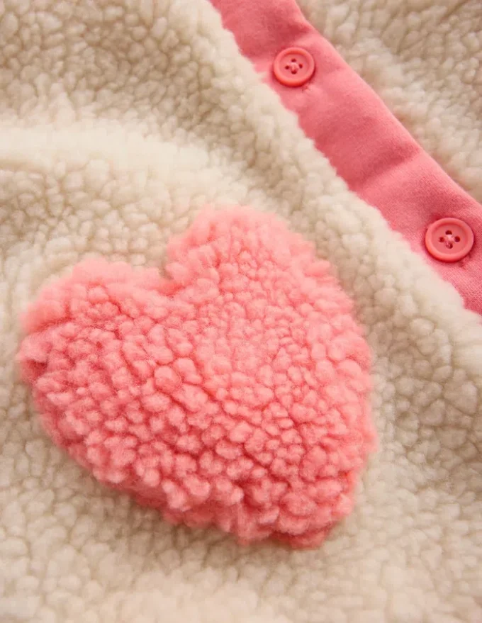 Girls Borg Collared Jacket Neutral/Pink Heart