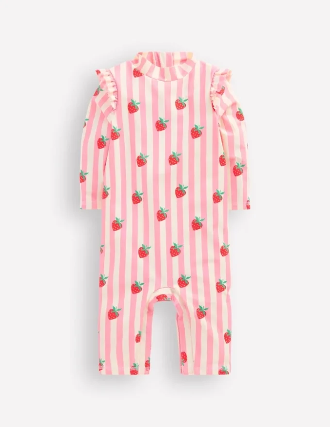 Girls Sun Safe Surfsuit Pink Strawberry Stripe Girls Sun Safe Surfsuit Pink Strawberry Stripe