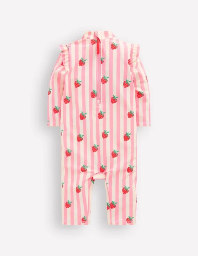 Girls Sun Safe Surfsuit Pink Strawberry Stripe Girls Sun Safe Surfsuit Pink Strawberry Stripe