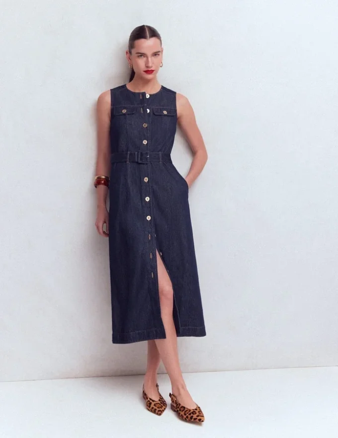 Gold Button Denim Midi Dress Indigo Gold Button Denim Midi Dress Indigo