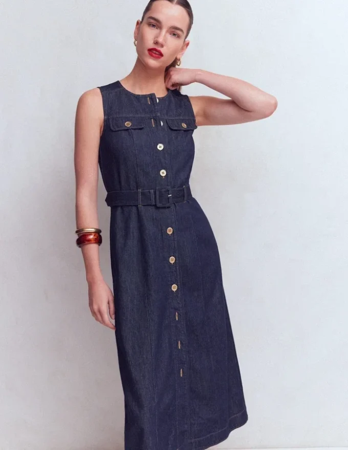 Gold Button Denim Midi Dress Indigo Gold Button Denim Midi Dress Indigo