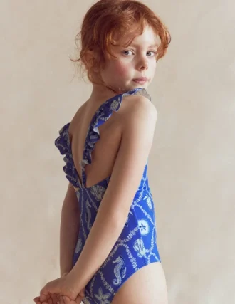 Hallie Frill Strap Swimsuit Regency Blue Shell Tile