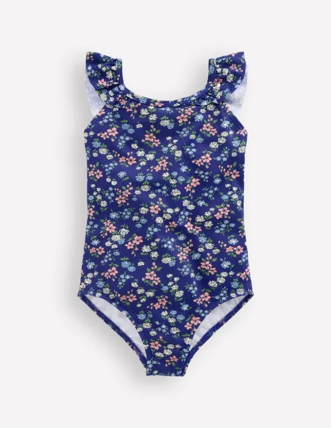 Hallie Frill Strap Swimsuit Sapphire Blue Meadow Floral