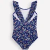 Hallie Frill Strap Swimsuit Sapphire Blue Meadow Floral