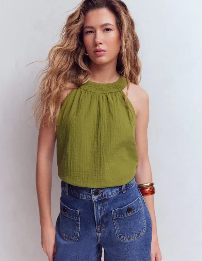 Halter-neck Double Cloth Top Woodland Green Halter-neck Double Cloth Top Woodland Green
