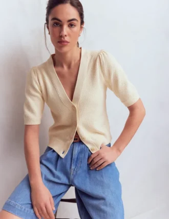 Hayley Cotton V-neck Cardigan Warm Ivory