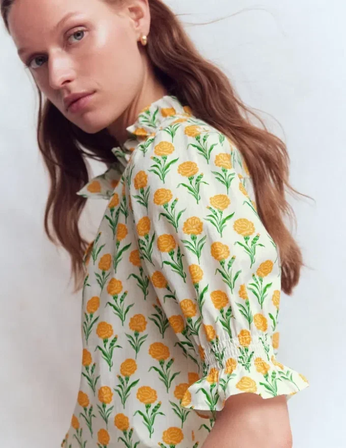 Heather Smocked Sleeve Top Marigold, Carnation Stems Heather Smocked Sleeve Top Marigold, Carnation Stems