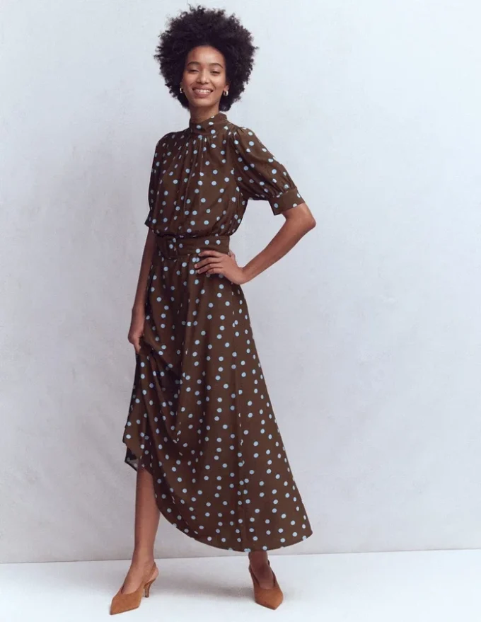 High Neck Belted Dress Raw Umber, Painted Dot High Neck Belted Dress Raw Umber, Painted Dot