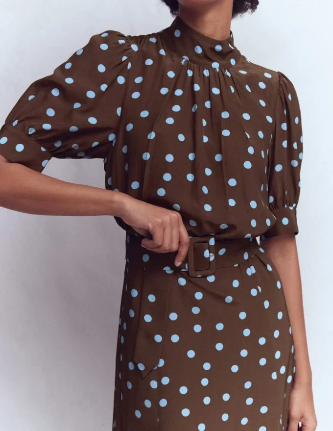 High Neck Belted Dress Raw Umber, Painted Dot High Neck Belted Dress Raw Umber, Painted Dot